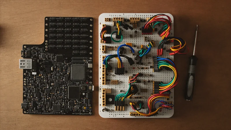 Overblik over en lille enkeltkortcomputer, breadboard med ledninger og en skruetrækker